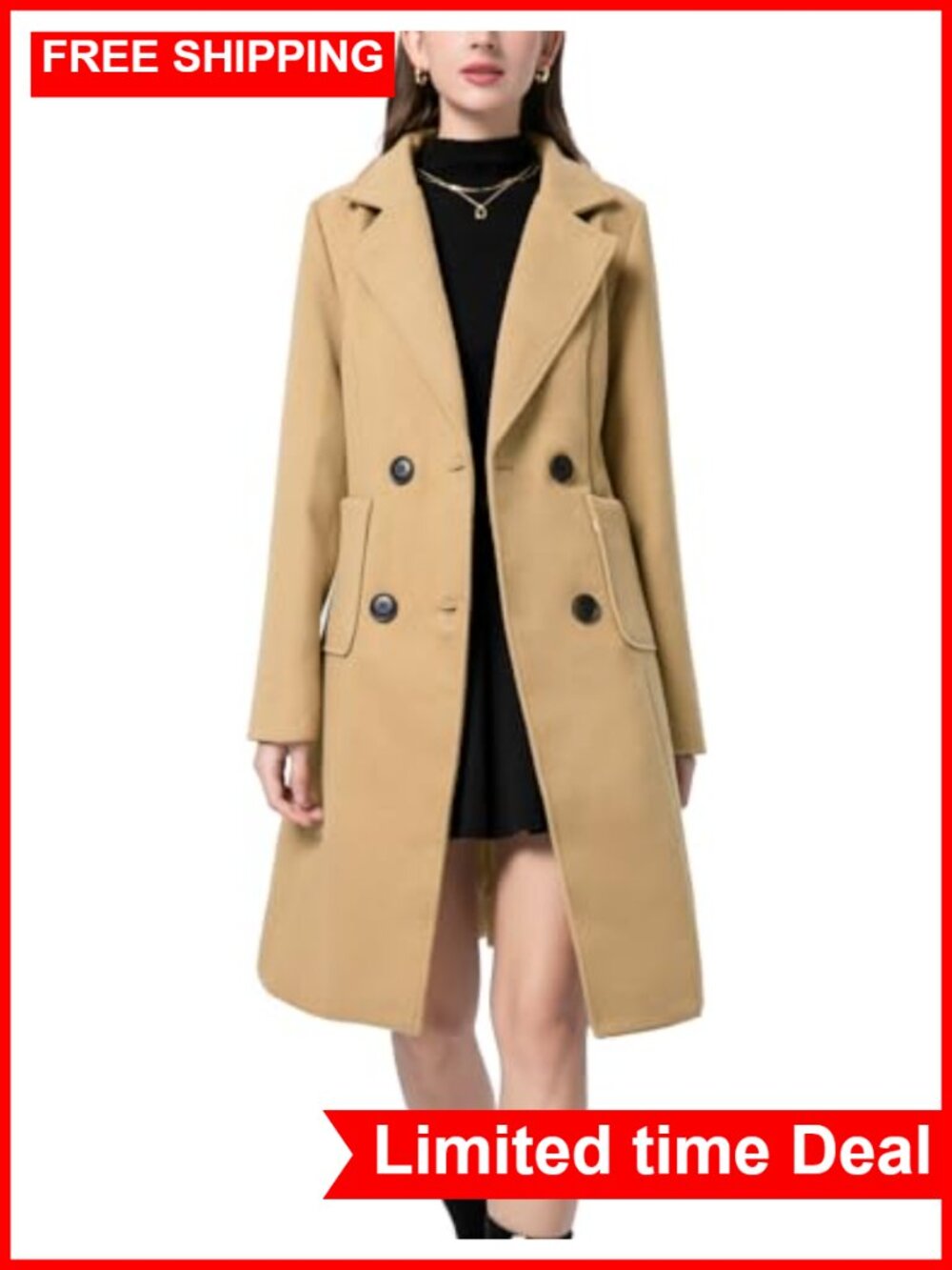 Wool Blend Double Breasted Pea Coat Trench Overcoat Winter Outerwear